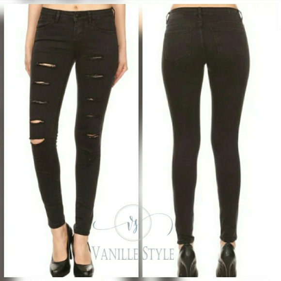 Black Distressed Skinny Jeans - Picture 2 of 8